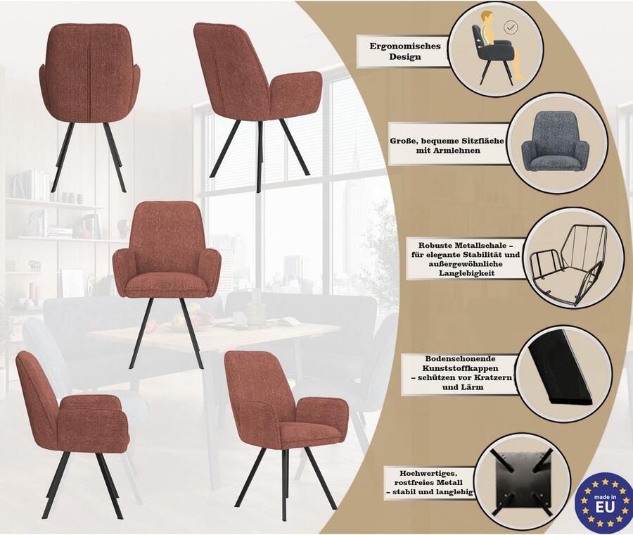 Home affaire Stoel met armleuningen Mily eetkamerstoel gestoffeerde fauteuil woonstoel eetstoel met armleuningen (set 2 stuks) - Foto 5