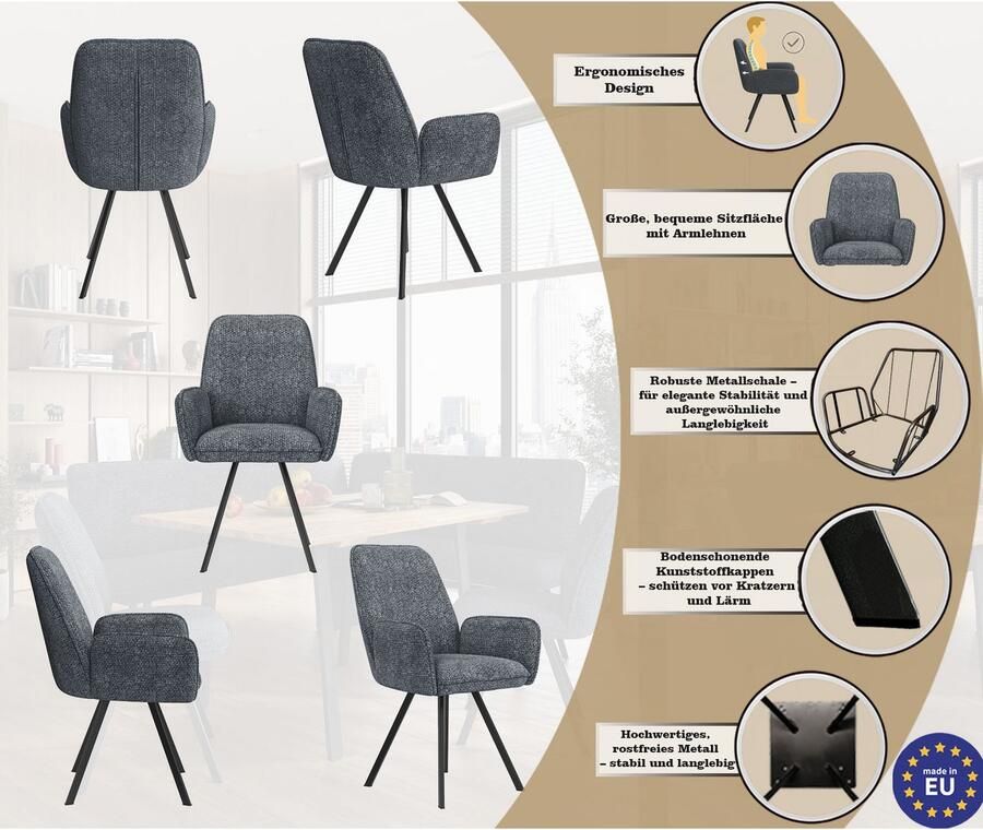 Home affaire Stoel met armleuningen Mily eetkamerstoel gestoffeerde fauteuil woonstoel eetstoel met armleuningen (set 2 stuks) - Foto 5