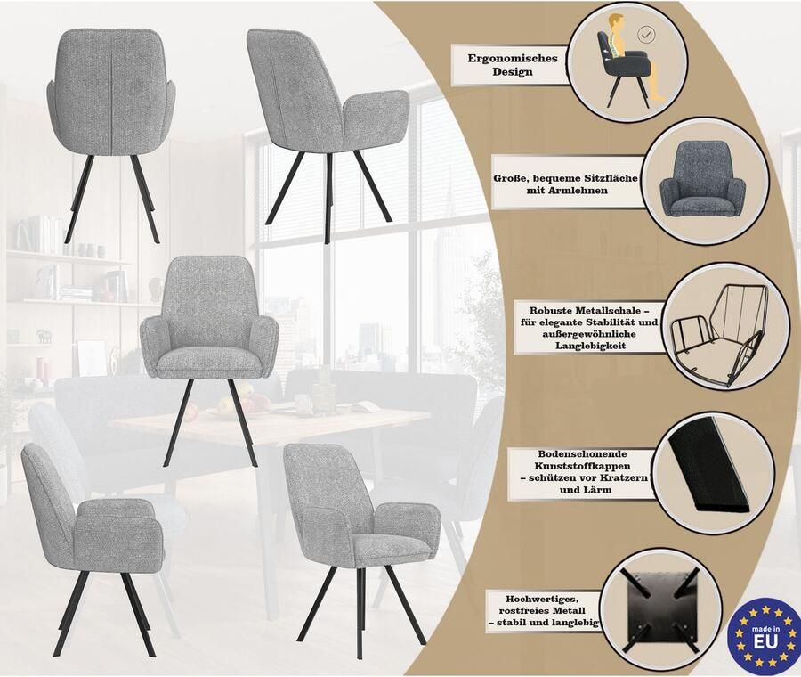 Home affaire Stoel met armleuningen Mily eetkamerstoel gestoffeerde fauteuil woonstoel eetstoel met armleuningen (set 2 stuks) - Foto 5