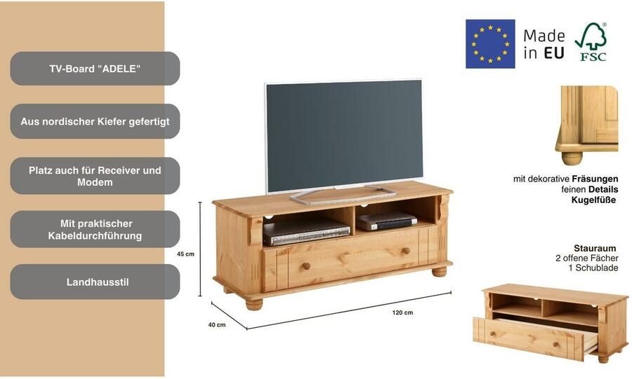Home affaire Tv-meubel ADELE Breedte 120 cm met lade van massief grenen FSC - Foto 7