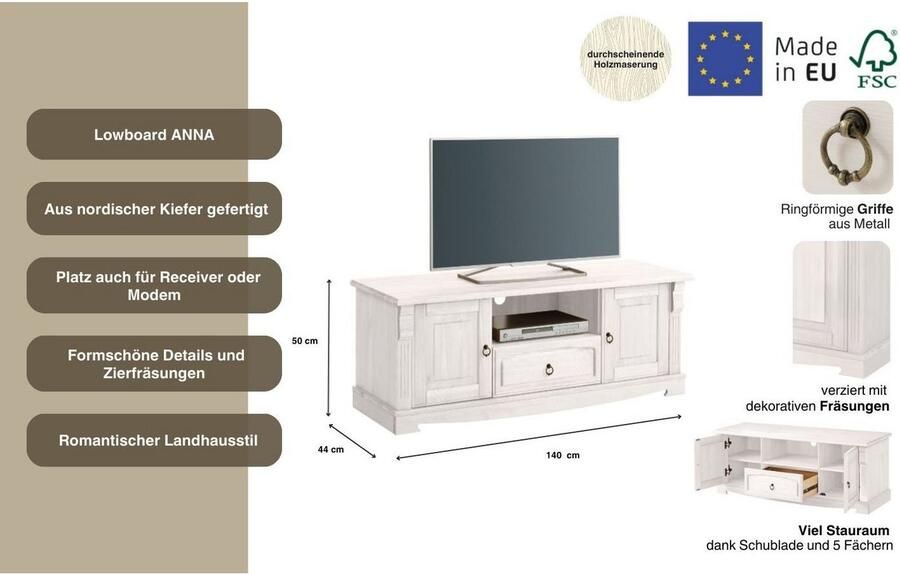 Home affaire Tv-meubel ANNA Breedte 140 cm 2 deuren met 1 lade van massief grenen FSC - Foto 3