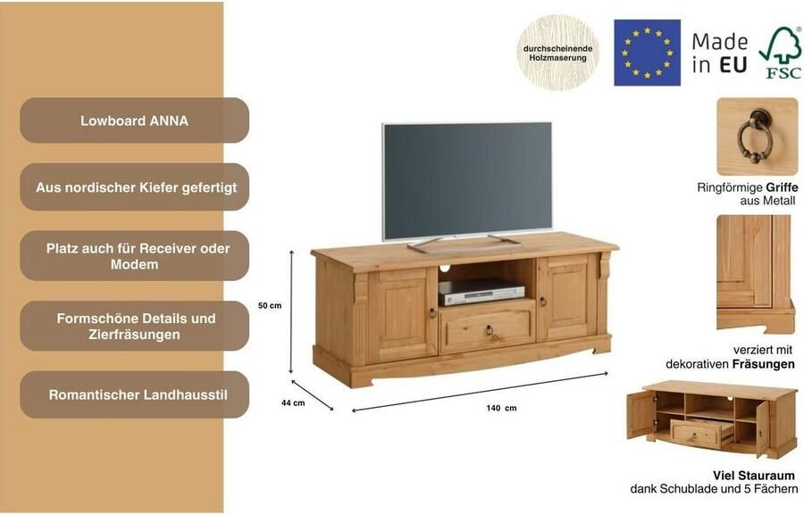 Home affaire Tv-meubel ANNA Breedte 140 cm 2 deuren met 1 lade van massief grenen FSC - Foto 7