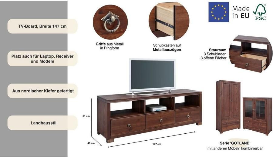 Home affaire Tv-meubel Gotland Breedte 147 cm met lades en open vakken massief hout FSC - Foto 9
