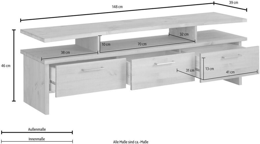 Home affaire Tv-meubel Ixo Breedte 148 cm met 3 lades van massief grenen FSC - Foto 5