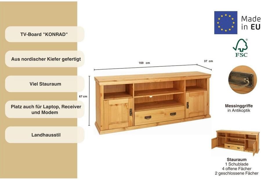 Home affaire Tv-meubel Konrad TV-meubel TV-kast Breedte 169 cm hoogte 67 cm metalen handgrepen kabeldoorvoer - Foto 3
