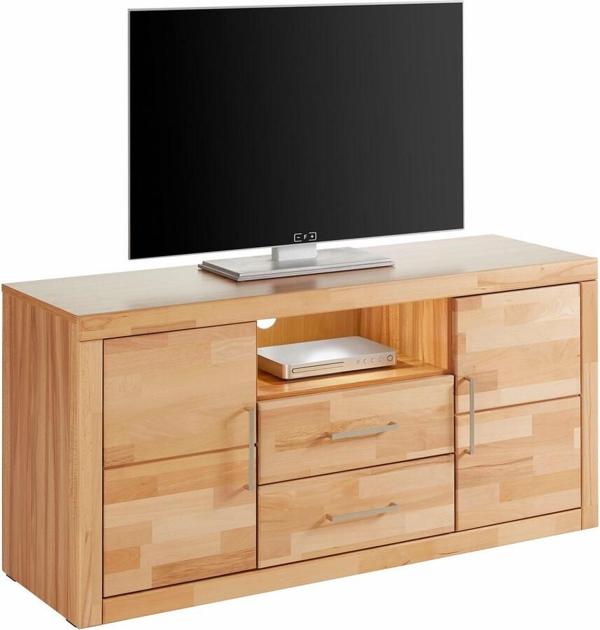 Home affaire Tv-meubel Logo 130cm breed fronten massief hout 5 vakken Hout massief houtmateriaal metalen handgrepen 2 deuren 2 laden