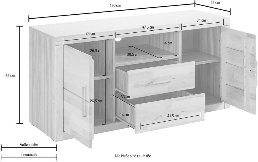 Home affaire Tv-meubel Logo 130cm breed fronten massief hout 5 vakken Hout massief houtmateriaal metalen handgrepen 2 deuren 2 laden - Foto 2