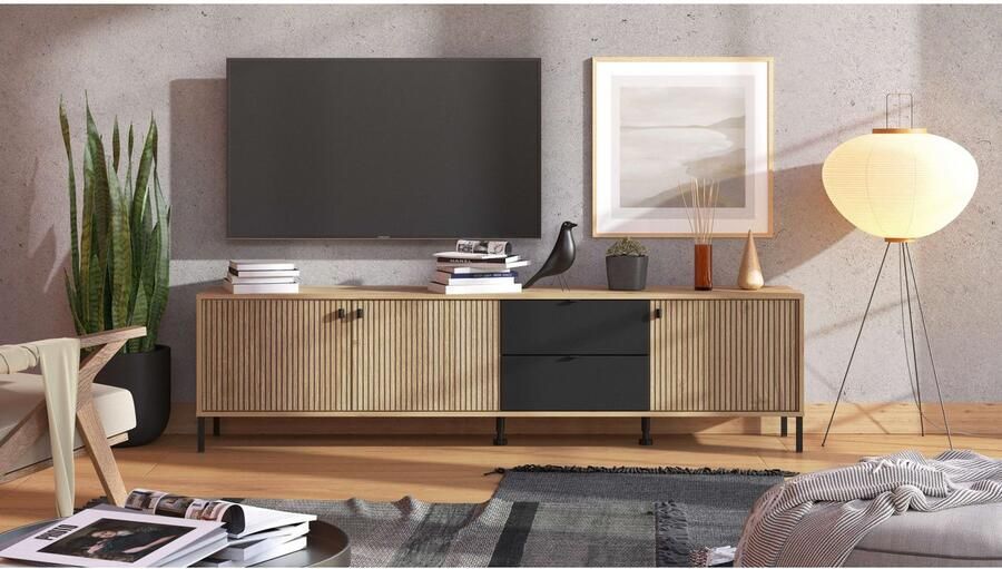 Home affaire Tv-meubel Mayenne TV-Lowboard Breedte 208 cm Kast met 3 deuren in groeflook 2 lades - Foto 2