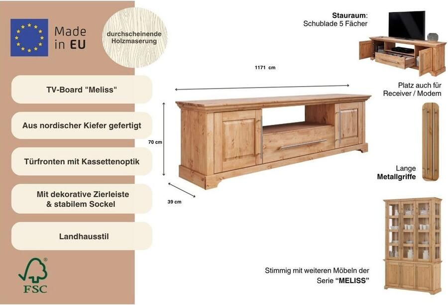 Home affaire Tv-meubel Meliss Lowboard 2-deurs breedte 171 cm massief grenen FSC - Foto 4