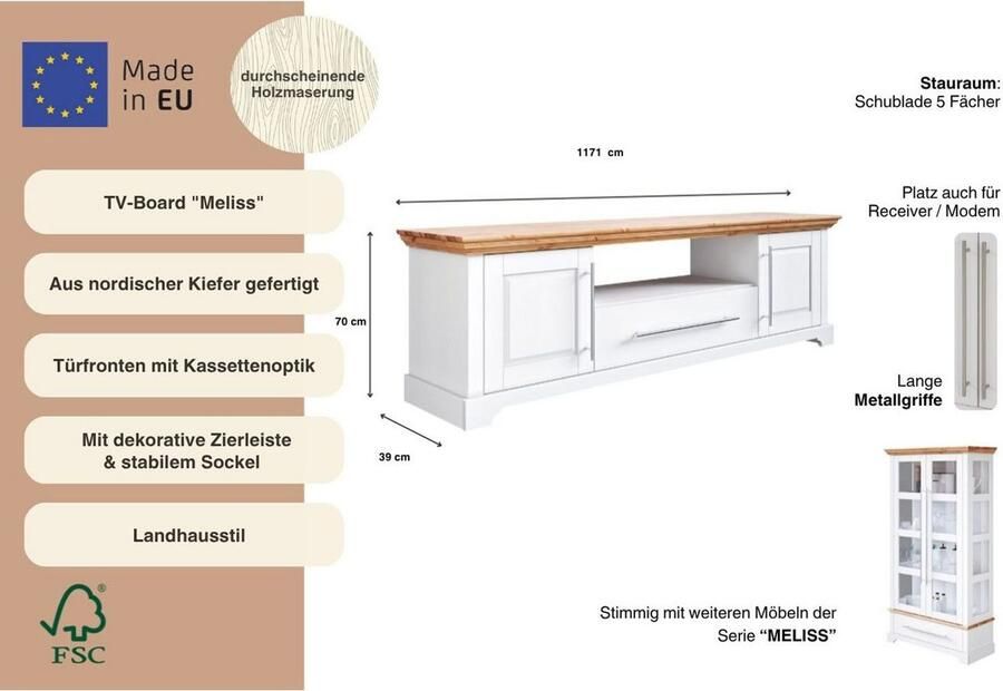 Home affaire Tv-meubel Meliss Lowboard 2-deurs breedte 171 cm massief grenen FSC - Foto 3