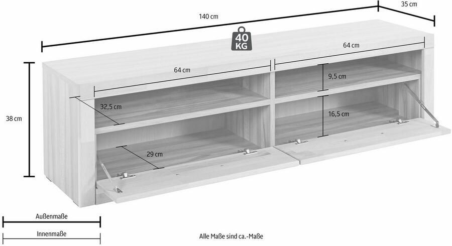 Home affaire Tv-meubel Ribe 140cm breed 38cm hoog met 2 kleppen Hout massief houtmateriaal metalen handgrepen 2 kleppen