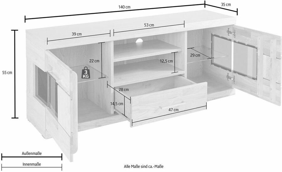Home affaire Tv-meubel Ribe 140cm breed fronten massief hout 6 vakken kabeldoorvoer Corpus houtmateriaal glazen inzet van gehard glas planken verstelbaar - Foto 8