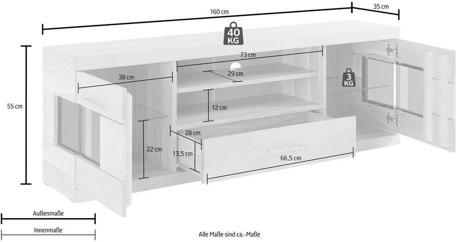 Home affaire Tv-meubel Ribe 160cm breed 55cm hoog Corpus houtmateriaal glazen inzet van gehard glas planken verstelbaar - Foto 10