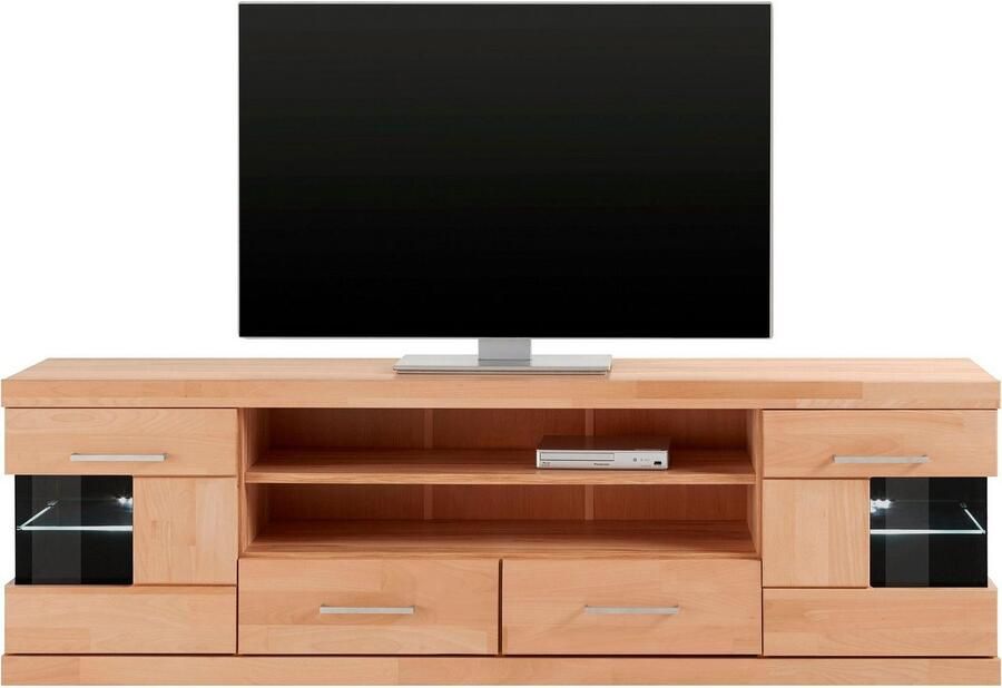 Home affaire Tv-meubel Ribe 180cm breed fronten massief hout 6 vakken kabeldoorvoer Corpus houtmateriaal glazen inzet van gehard glas planken verstelbaar - Foto 2