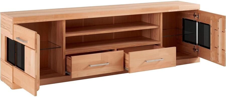 Home affaire Tv-meubel Ribe 180cm breed fronten massief hout 6 vakken kabeldoorvoer Corpus houtmateriaal glazen inzet van gehard glas planken verstelbaar - Foto 10
