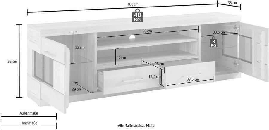 Home affaire Tv-meubel Ribe 180cm breed fronten massief hout 6 vakken kabeldoorvoer Corpus houtmateriaal glazen inzet van gehard glas planken verstelbaar - Foto 9