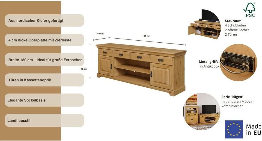 Home affaire Tv-meubel Rügen gecertificeerd massief hout breedte 180 cm in landhuisstijl - Foto 6
