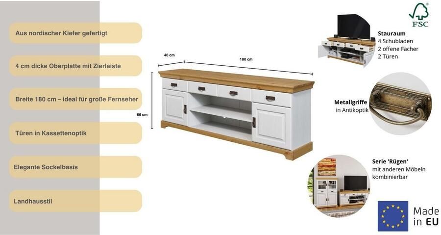 Home affaire Tv-meubel Rügen gecertificeerd massief hout breedte 180 cm in landhuisstijl - Foto 7