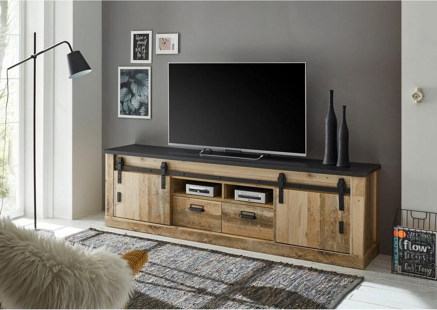 Home affaire Tv-meubel Sherwood modern houtdecor met schuurdeurbeslag van metaal breedte 201 cm - Foto 2