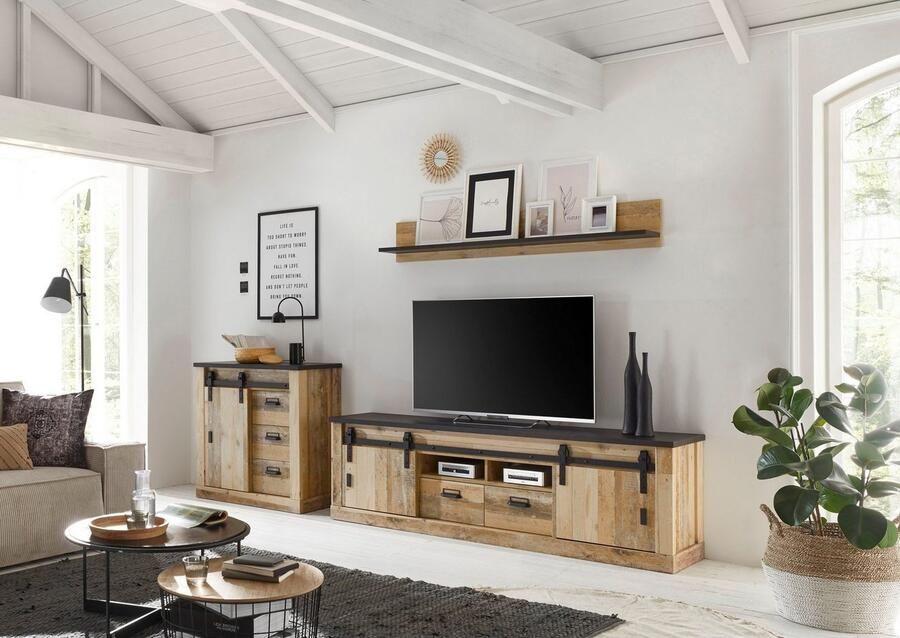 Home affaire Tv-meubel Sherwood modern houtdecor met schuurdeurbeslag van metaal breedte 201 cm - Foto 3