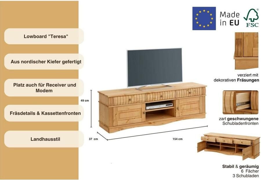 Home affaire Tv-meubel Teresa Commode van massief dennenhout breedte 154 cm - Foto 3