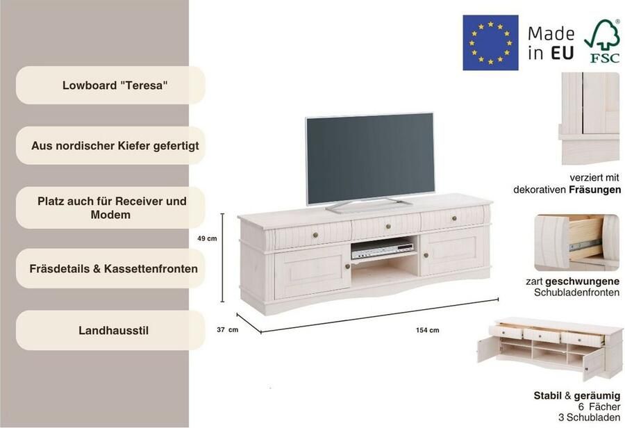Home affaire Tv-meubel Teresa Commode van massief dennenhout breedte 154 cm - Foto 4