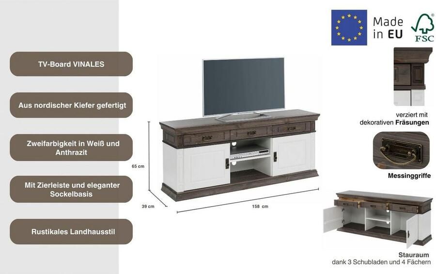 Home affaire Tv-meubel Vinales Breedte 158 cm met 3 lades - Foto 8