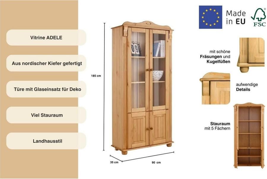 Home affaire Vitrinekast ADELE 4-deurs hoogte 185 cm met glaselementen van massief dennenhout fsc - Foto 5