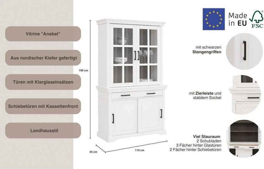 Home affaire Vitrinekast Anabel van massief grenen breedte 110 cm hoogte 190 cm - Foto 3