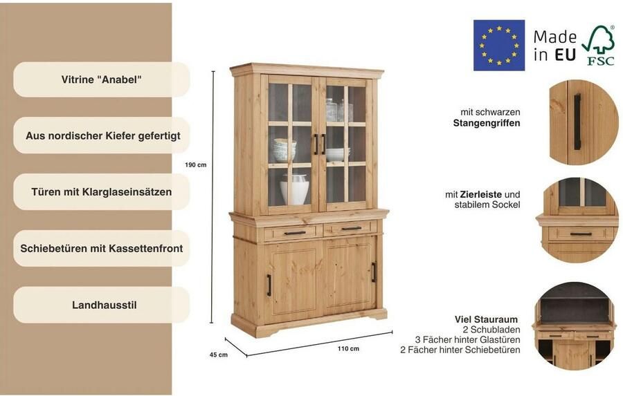 Home affaire Vitrinekast Anabel van massief grenen breedte 110 cm hoogte 190 cm - Foto 3