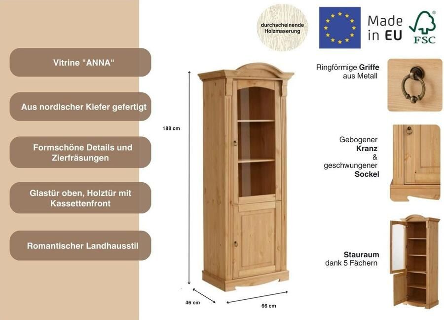 Home affaire Vitrinekast ANNA Breedte 69 cm hoogte 187 cm metalen grepen van massief grenen FSC - Foto 2