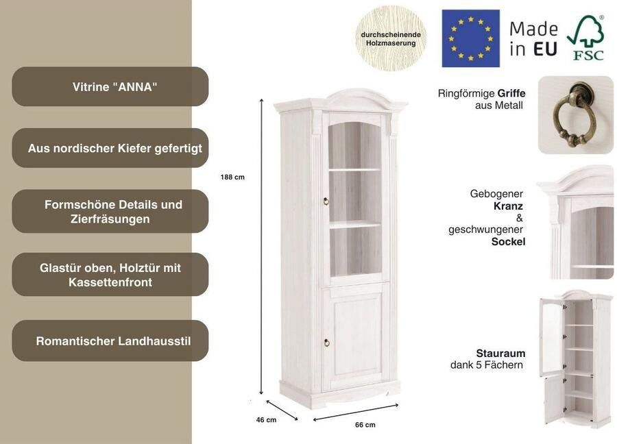 Home affaire Vitrinekast ANNA Breedte 69 cm hoogte 187 cm metalen grepen van massief grenen FSC