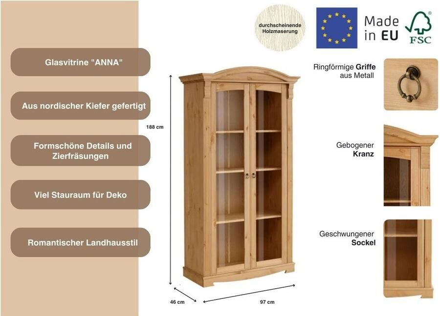 Home affaire Vitrinekast ANNA gecertificeerd massief hout in romantische landelijke stijl hoogte 194 cm - Foto 2