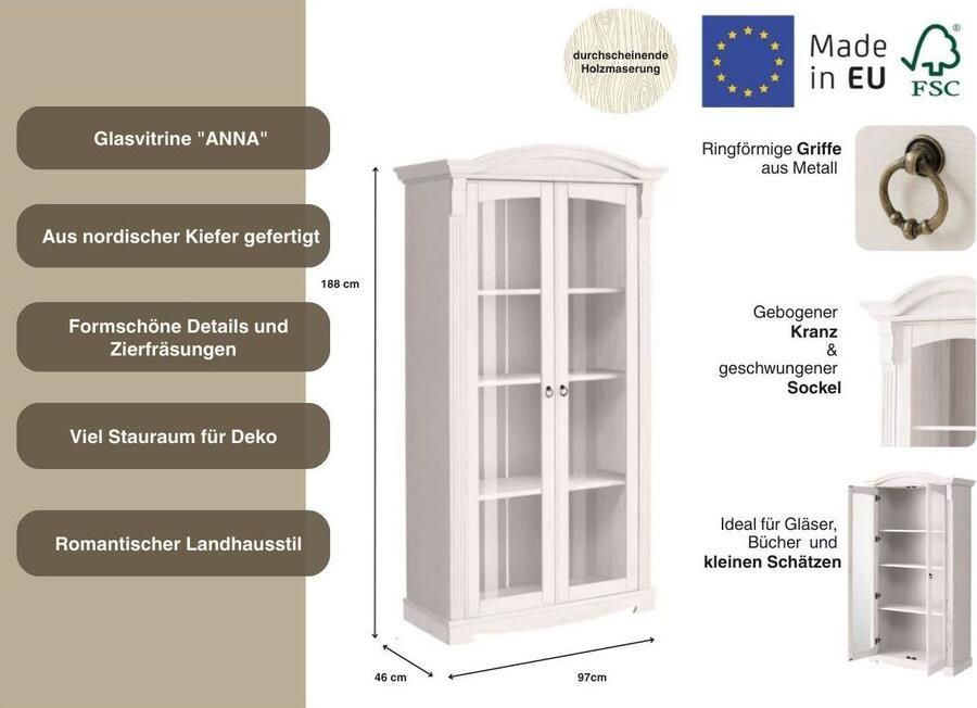 Home affaire Vitrinekast ANNA gecertificeerd massief hout in romantische landelijke stijl hoogte 194 cm - Foto 2