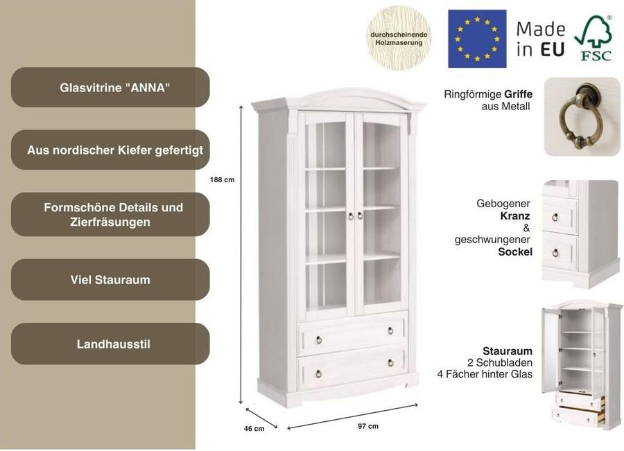 Home affaire Vitrinekast ANNA Hoogte 187 cm breedte 100 cm metalen handgrepen van massief grenen FSC - Foto 2