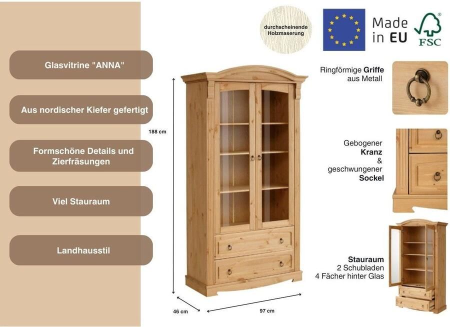 Home affaire Vitrinekast ANNA Hoogte 187 cm breedte 100 cm metalen handgrepen van massief grenen FSC - Foto 4