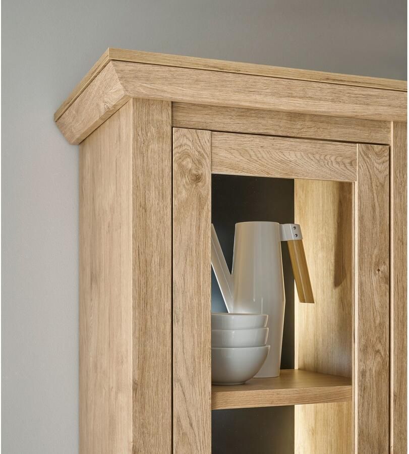 Home affaire Vitrinekast Cornwall hoge kast in landelijke stijl glasvitrine eiken decor Metalen handgrepen 147 cm breed veel opbergruimte in twee maten beschikbaar (1 stuk)