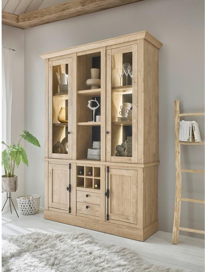 Home affaire Vitrinekast Cornwall hoge kast in landelijke stijl glasvitrine eiken decor Metalen handgrepen 147 cm breed veel opbergruimte in twee maten beschikbaar (1 stuk) - Foto 4