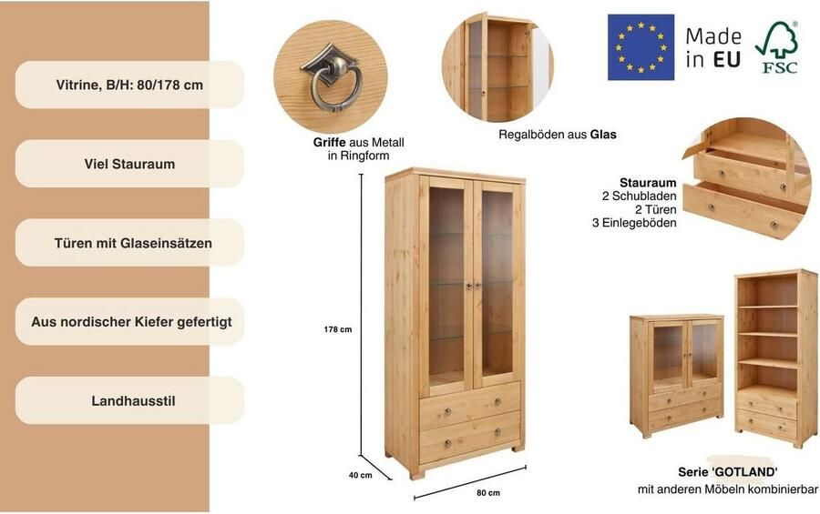 Home affaire Vitrinekast Gotland Breedte 80 cm hoogte 178 cm met glazen deuren van massief grenen FSC - Foto 5