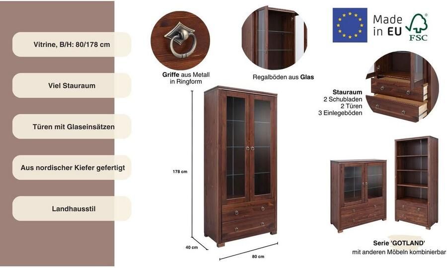 Home affaire Vitrinekast Gotland Breedte 80 cm hoogte 178 cm met glazen deuren van massief grenen FSC - Foto 6