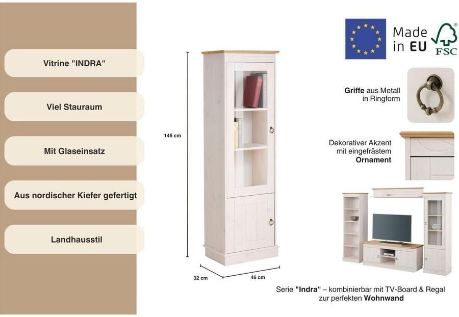Home affaire Vitrinekast Indra van massief dennenhout fsc 2-delig hoogte 145 cm discreet ornament - Foto 2