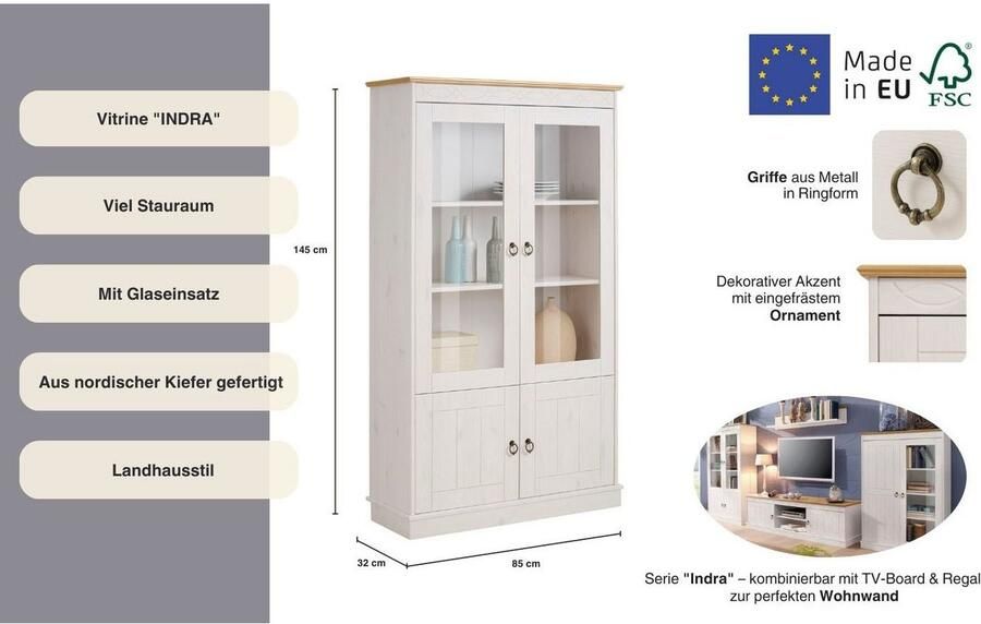 Home affaire Vitrinekast Indra van massief dennenhout fsc hoogte 145 cm discreet ornament - Foto 6