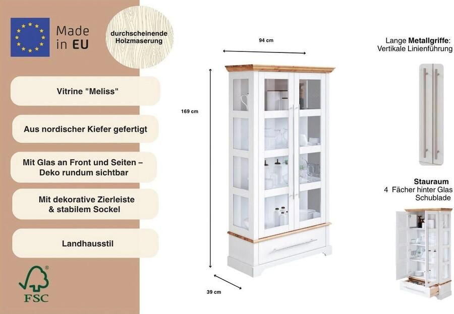 Home affaire Vitrinekast Meliss Hoogte 169 cm breedte 94 cm 2-deurs massief grenen FSC - Foto 3
