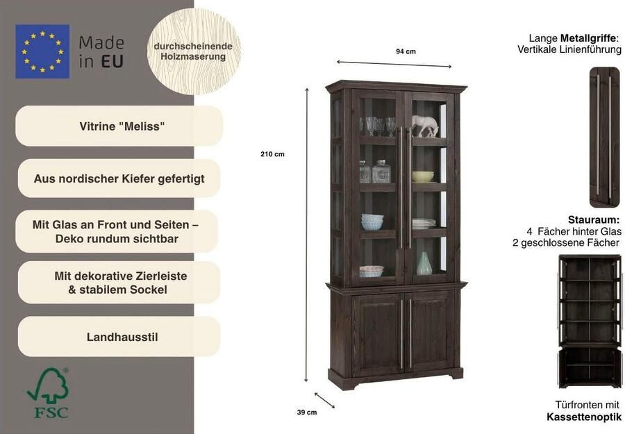 Home affaire Vitrinekast Meliss van massief grenen fsc gecertificeerd breedte 94 cm - Foto 3