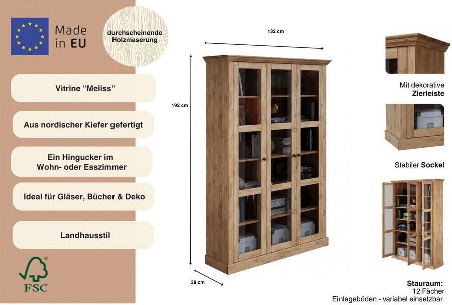 Home affaire Vitrinekast Meliss van massief grenen met veel bergruimte - Foto 2