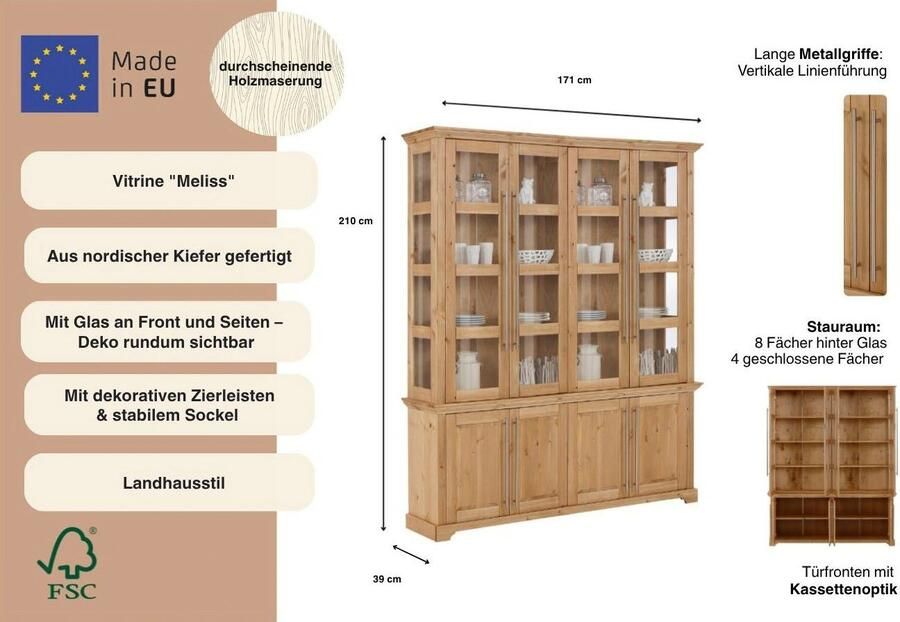 Home affaire Vitrinekast Meliss van massieve dennen fsc breedte 171 cm - Foto 5