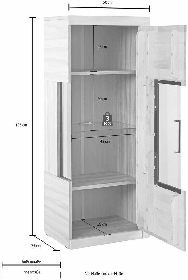 Home affaire Vitrinekast Ribe 125cm hoog 4 vakken 1 glazen plank variabel inzetbaar Massief hout houtmateriaal donker gehard glas metalen handgrepen