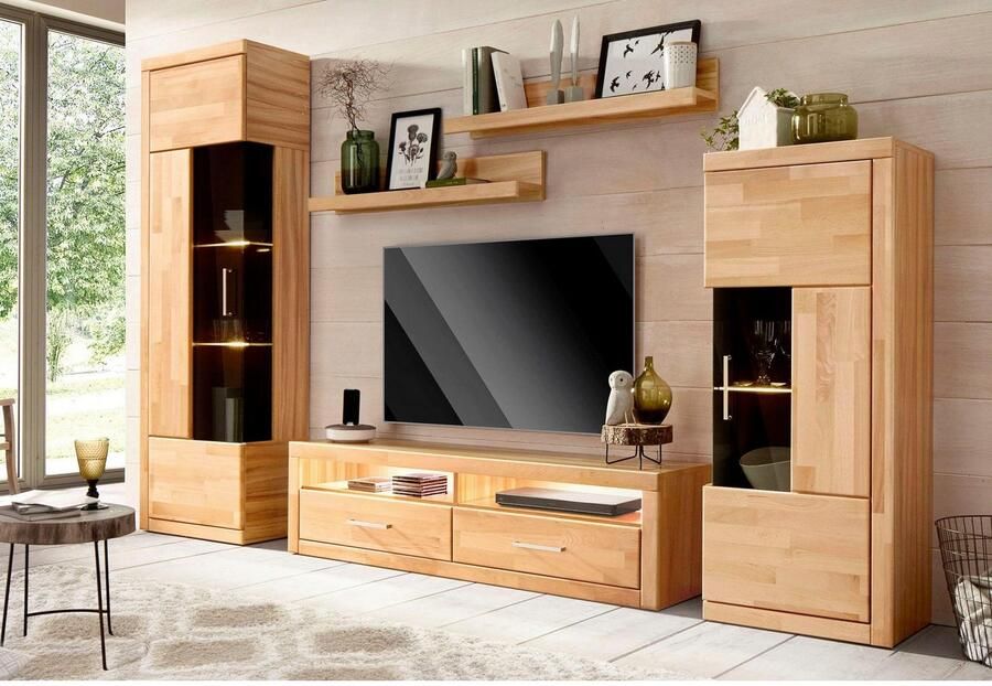 Home affaire Tv-meubel Ribe 140cm breed 38cm hoog met 2 kleppen bovenblad van massief hout - Foto 3