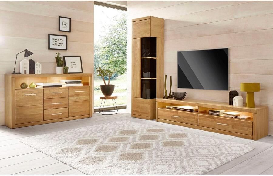 Home affaire Dressoir Ribe 130cm breed 80cm hoog bovenblad massief hout 6 vakken Hout massief houtmateriaal metalen handgrepen 2 deuren 3 laden - Foto 10