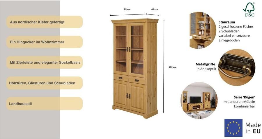 Home affaire Vitrinekast Rügen gecertificeerd massief hout hoogte 192 cm in landhuisstijl - Foto 6